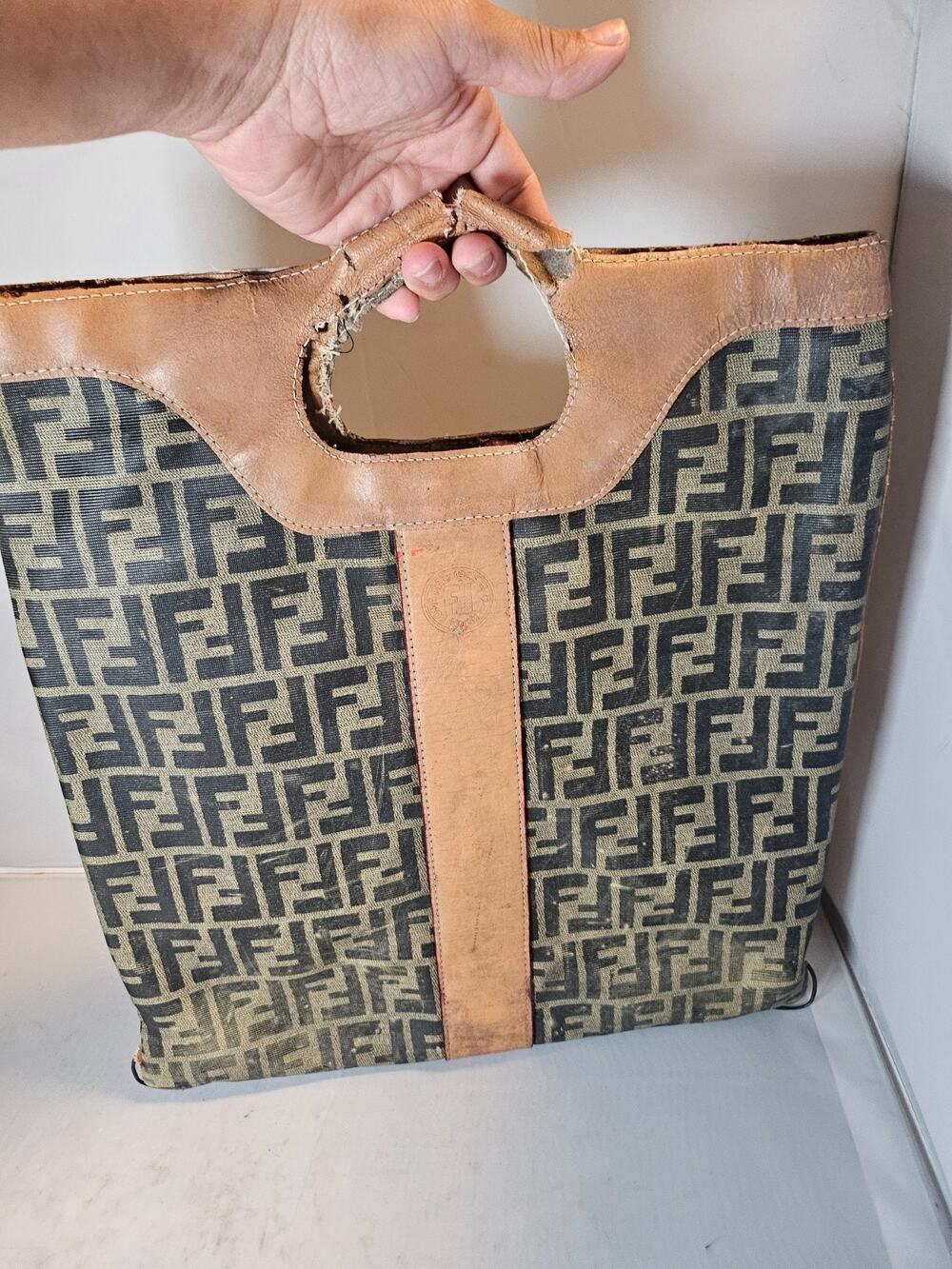 VINTAGE FENDI ZUCCA FOLD OVER BAG , CLUTCH LOGO LEATHER CANVAS damege